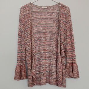 Westport Pink Teal Cream Wavy Stripe Open-Knit Open Cardigan Made In USA - L